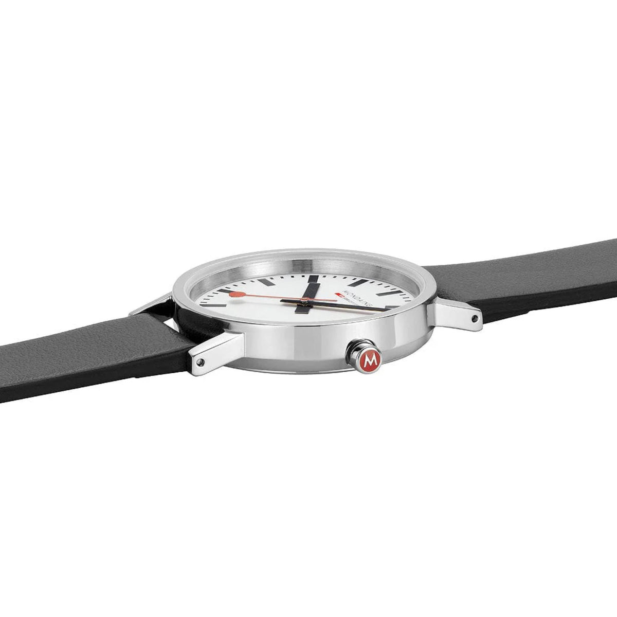Mondaine Classic A660.30314.16SBBV dress watch side view highlighting polished silver case and red logo crown