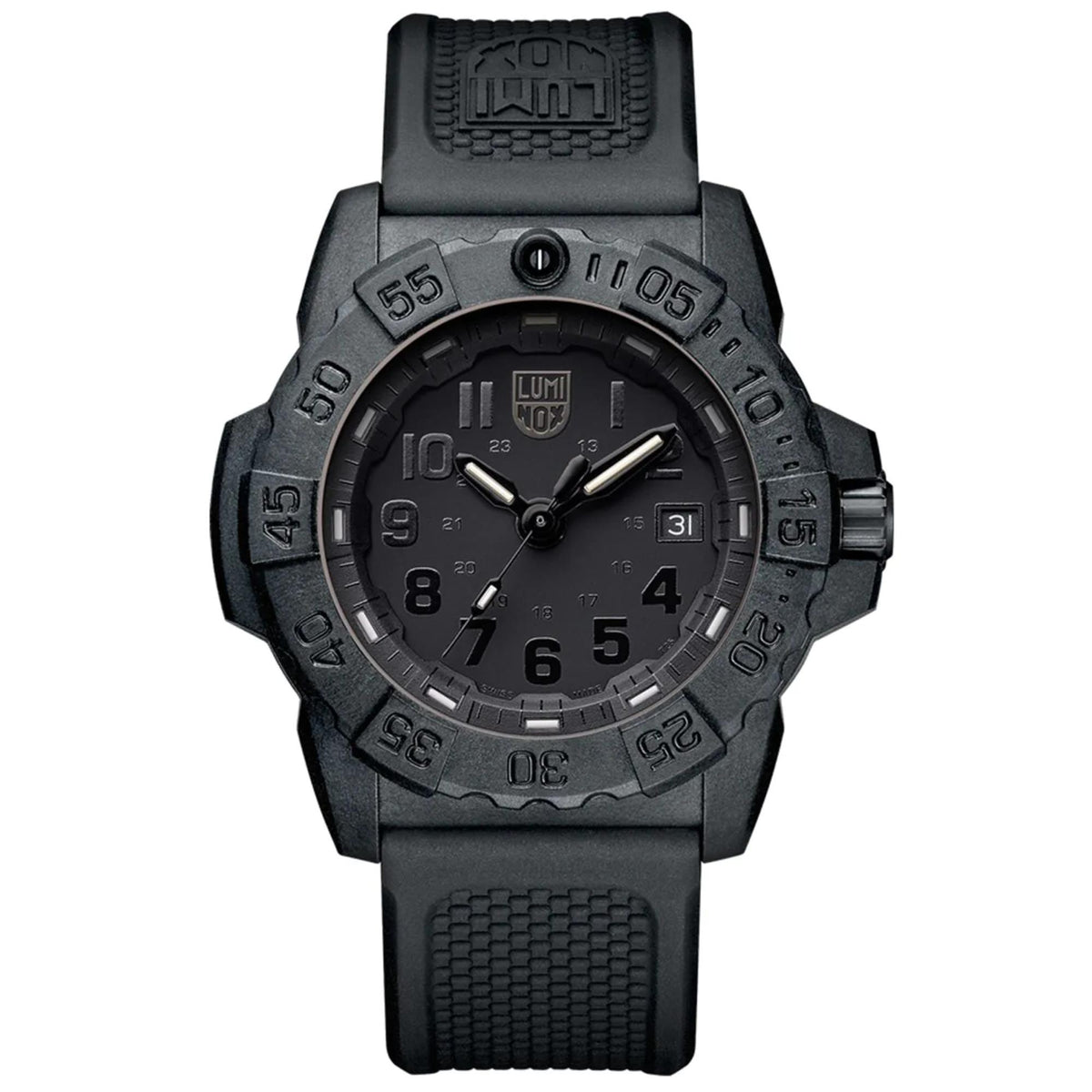 Luminox Navy SEAL 3500 Series XS.3501.BO.F front view of black dial with black rubber strap