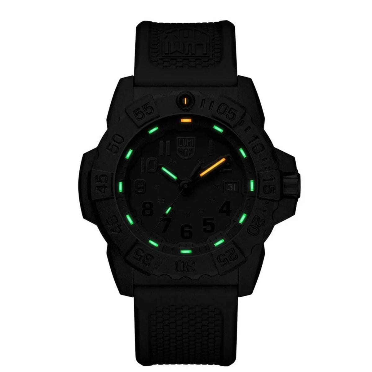 Luminox Navy SEAL 3500 Series XS.3501.BO.F front view showing night vision illumination on black dial