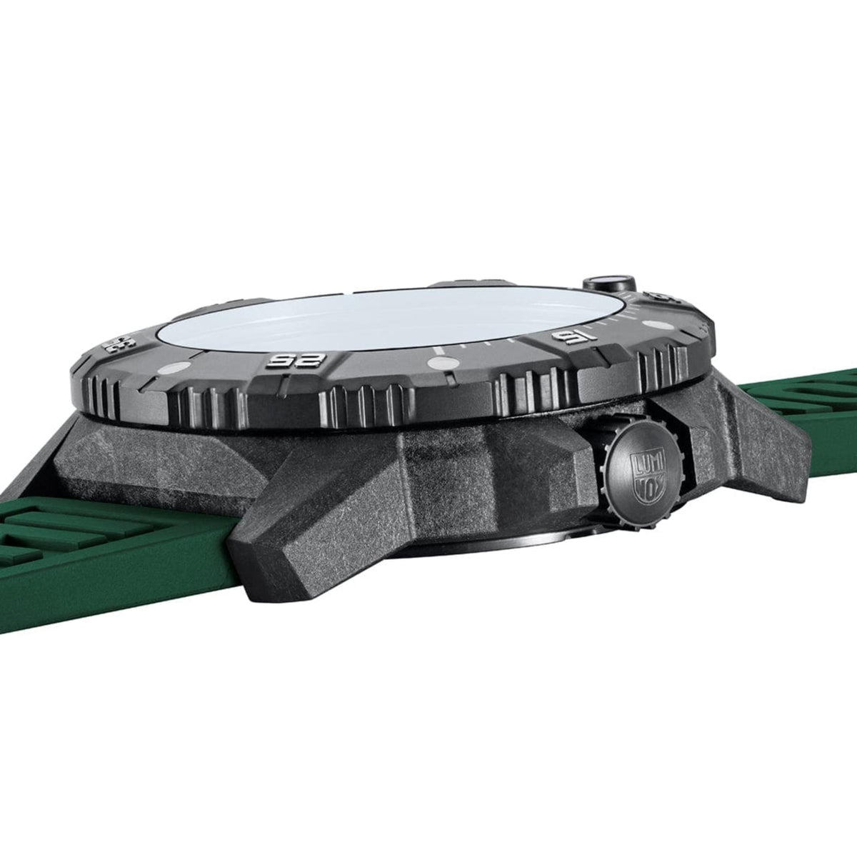Men's automatic dive watch side view with black case and green rubber strap