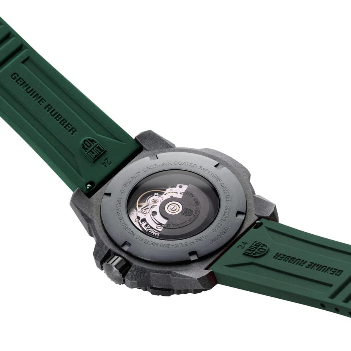 Men's automatic dive watch back view with green rubber strap and engraved case details