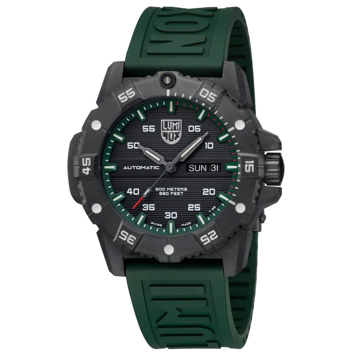 Men's automatic dive watch with grey dial, green rubber strap, and black carbon-style case