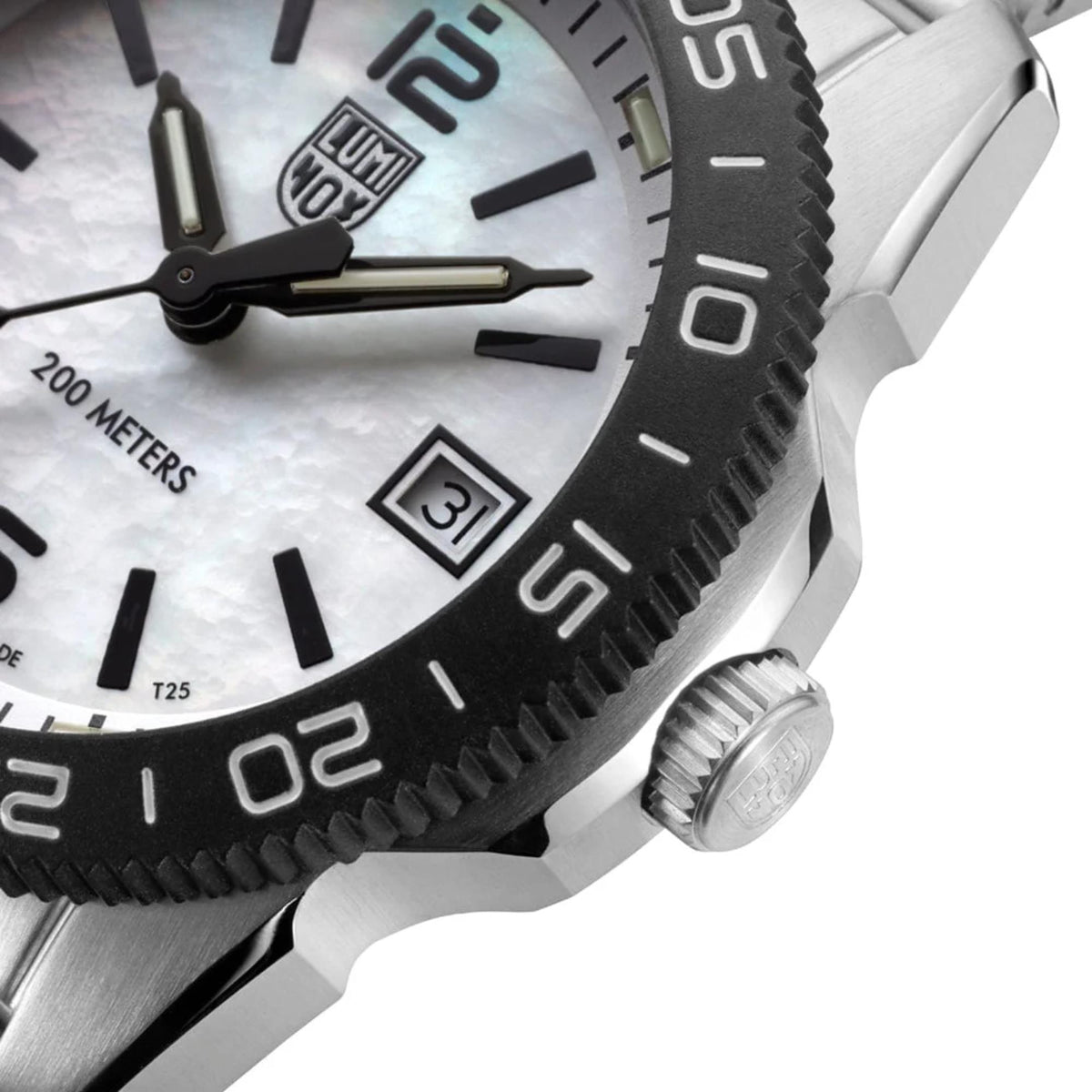 Luminox diver watch close-up with dial, date window, and black bezel ring