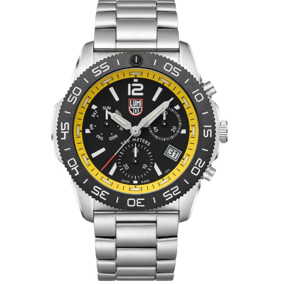 Front view of the Luminox Pacific Diver XS.3145.M chronograph watch featuring a yellow inner ring and stainless steel bracelet