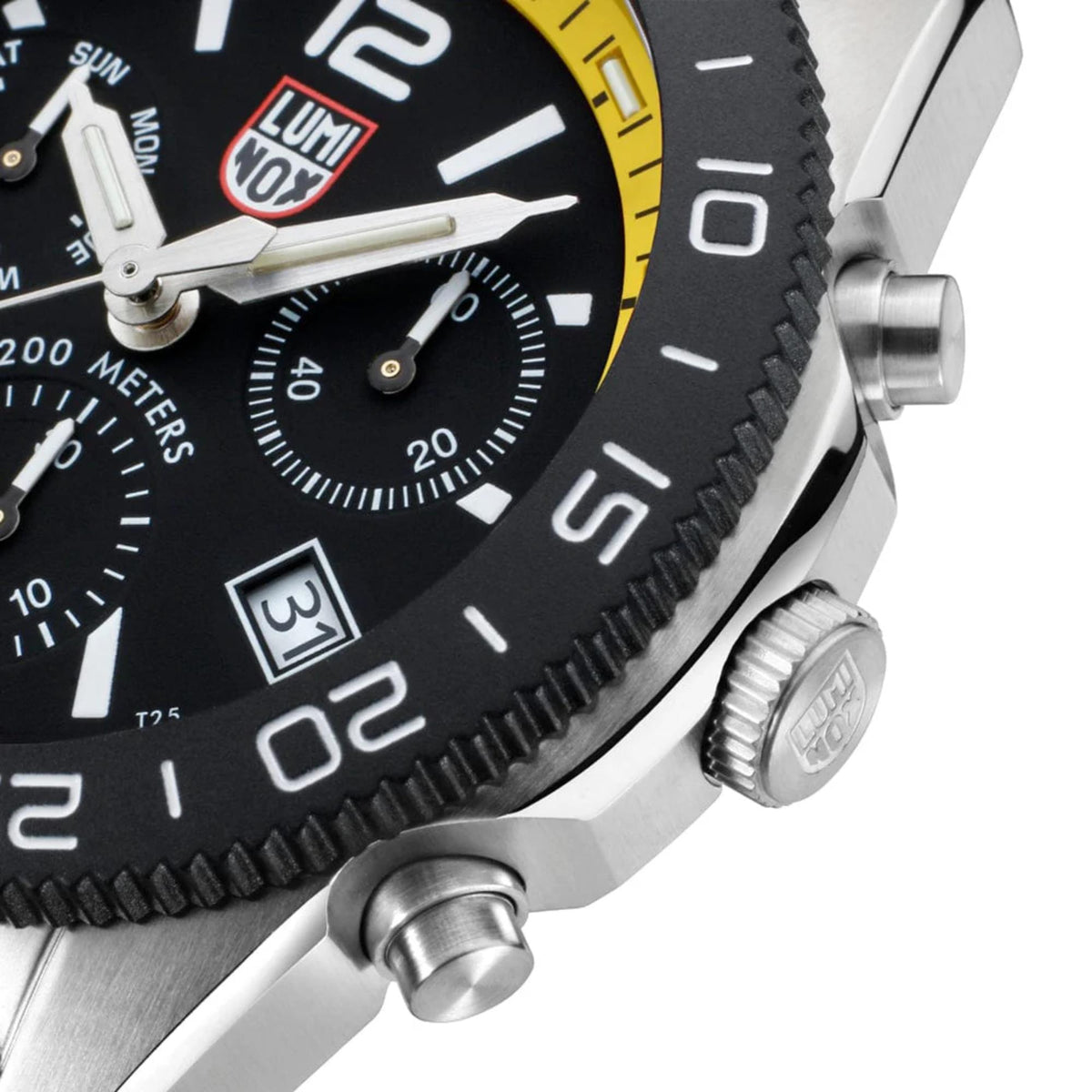 Angled detail shot of the push buttons, signed crown, and black diver's bezel on the Luminox Pacific Diver XS.3145.M