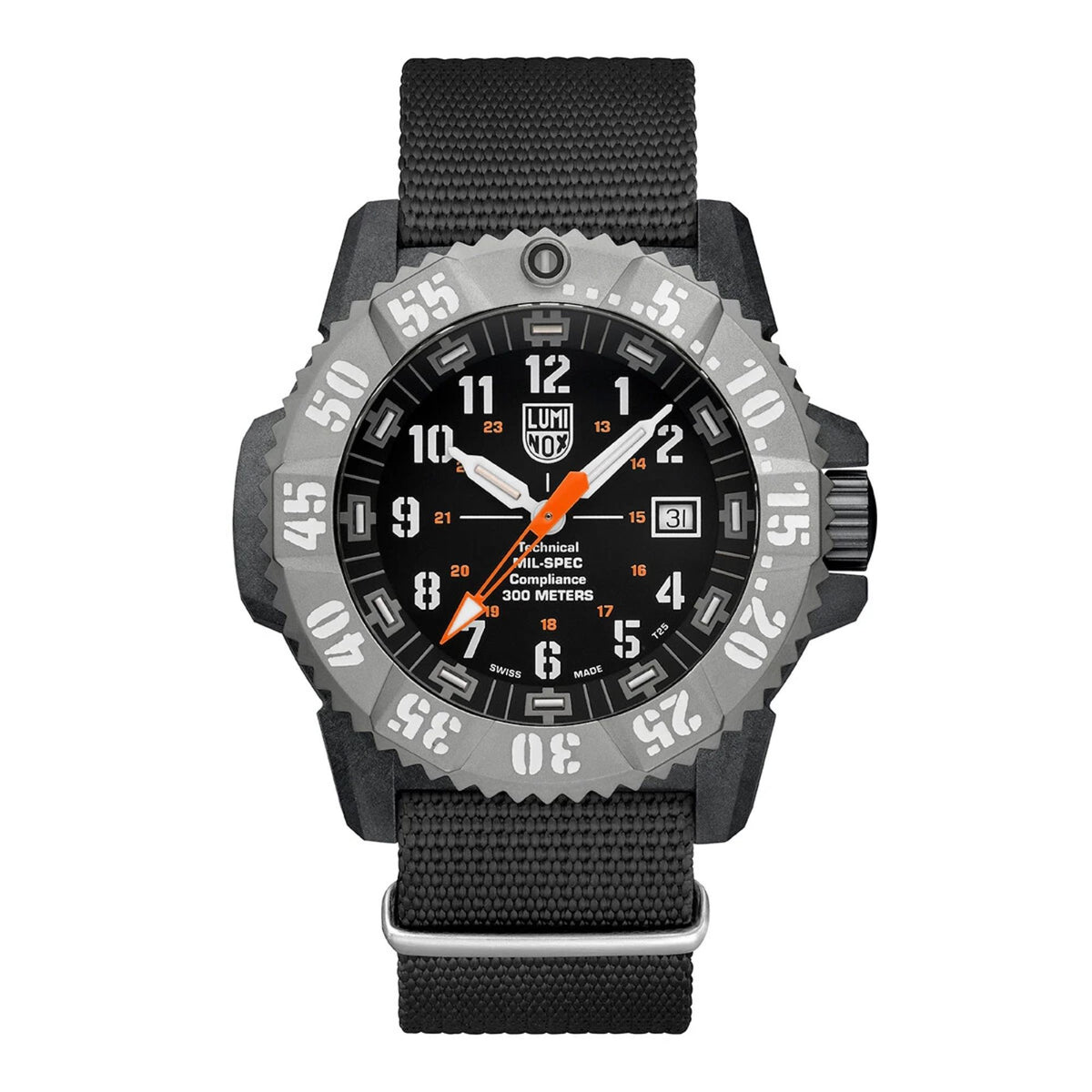 Men's black dial quartz watch with black fabric strap, orange seconds hand, luminous marks