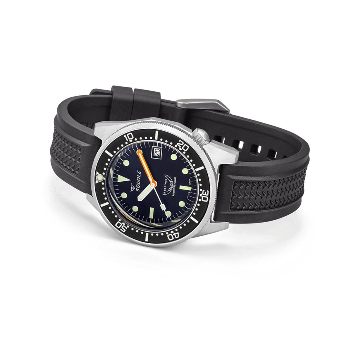 Men's dive watch with black rubber strap, dark blue dial, orange hands, steel bezel