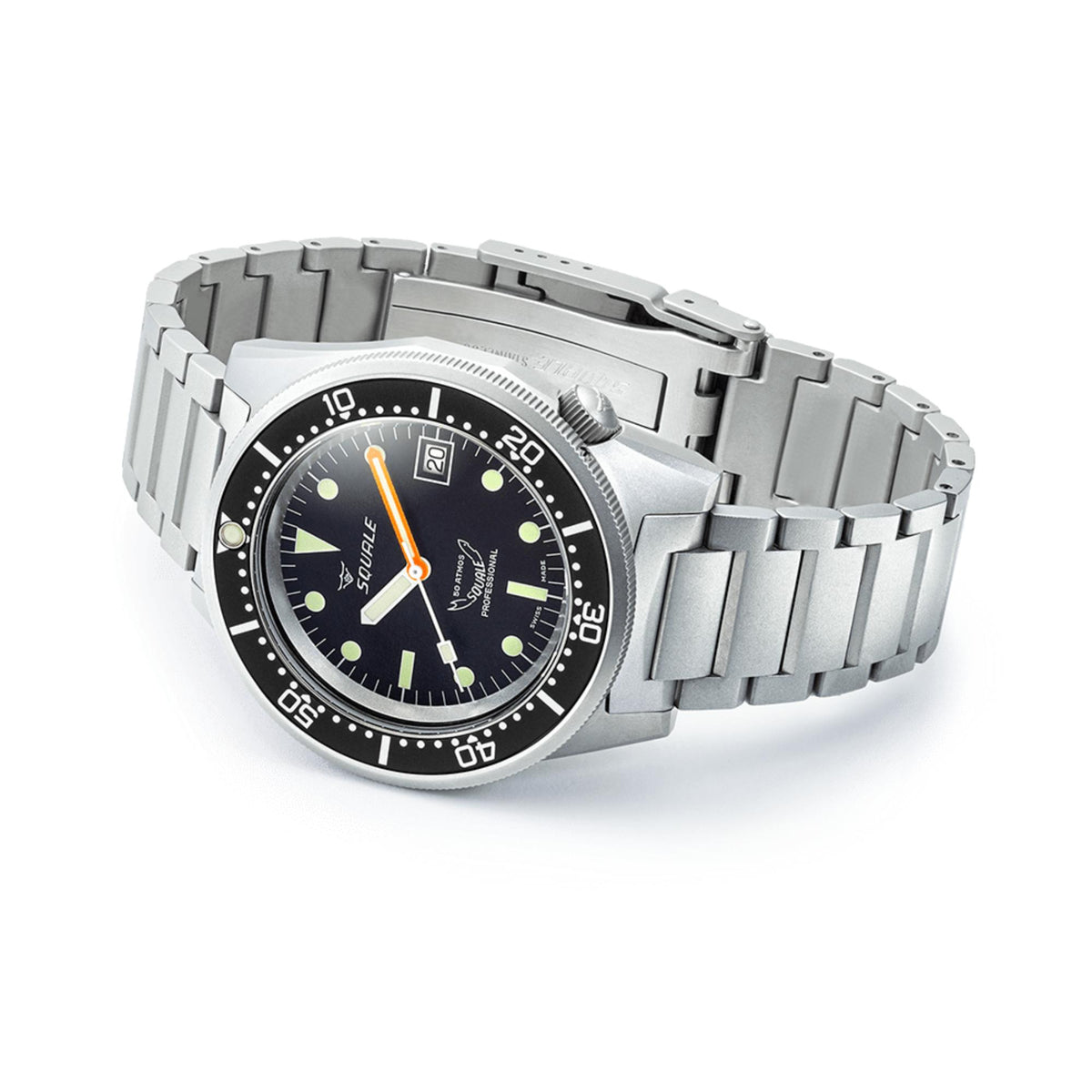Men's black dial automatic wristwatch on steel bracelet with orange second hand.