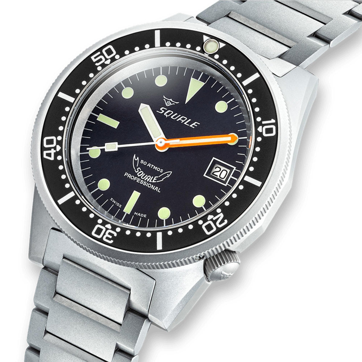 Close-up of men's black dial watch with luminous markers, orange and white hands.
