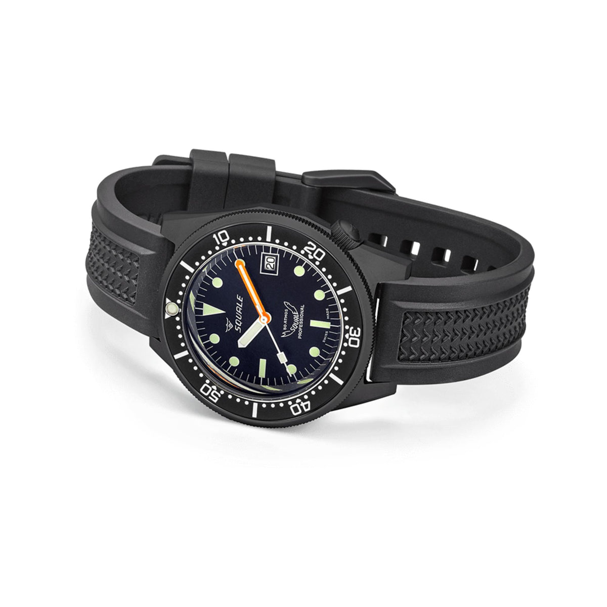 Squale men's diver watch with black rubber strap, black dial, orange hands, bezel