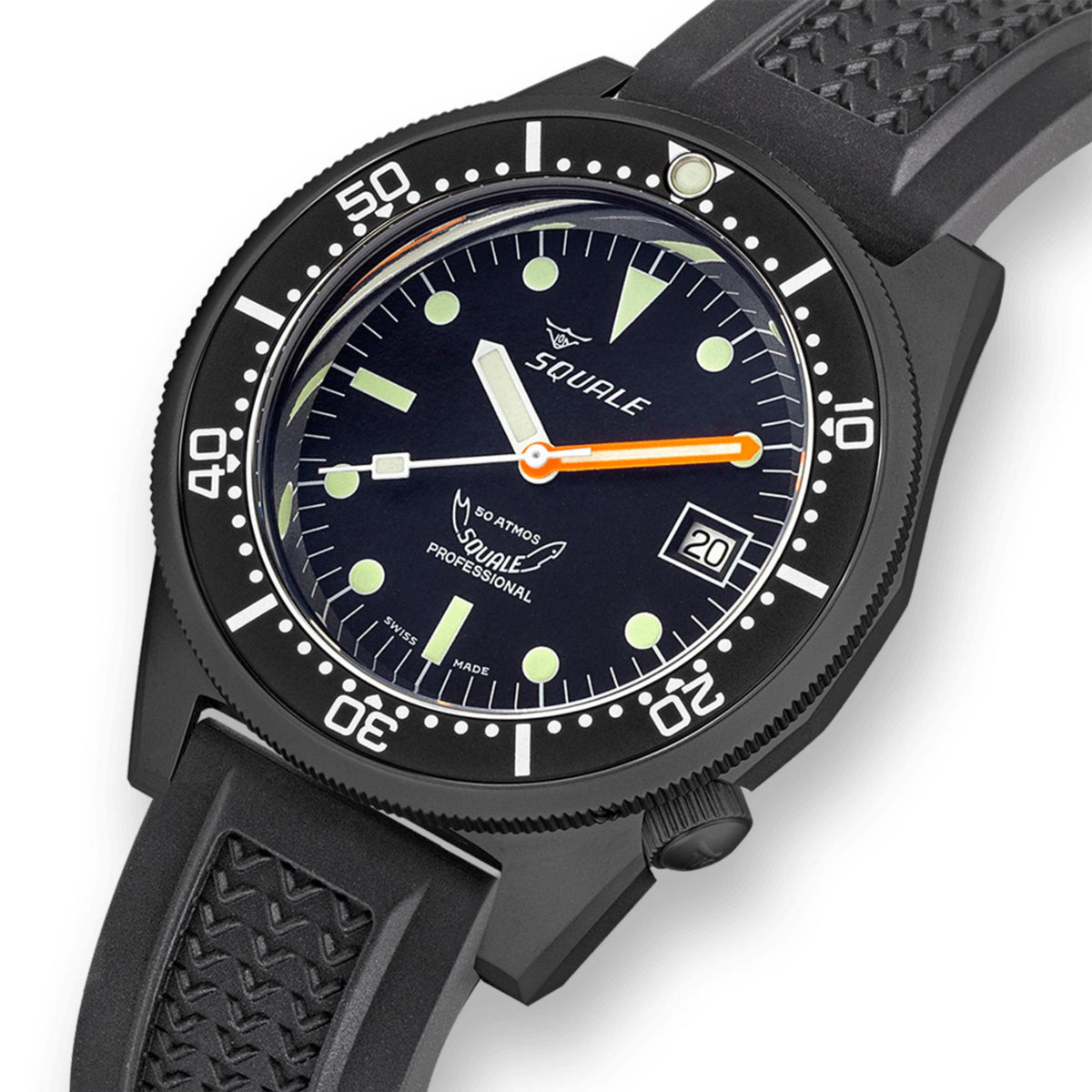 Squale men's diver watch close-up, black rubber strap, dark blue dial with orange hands