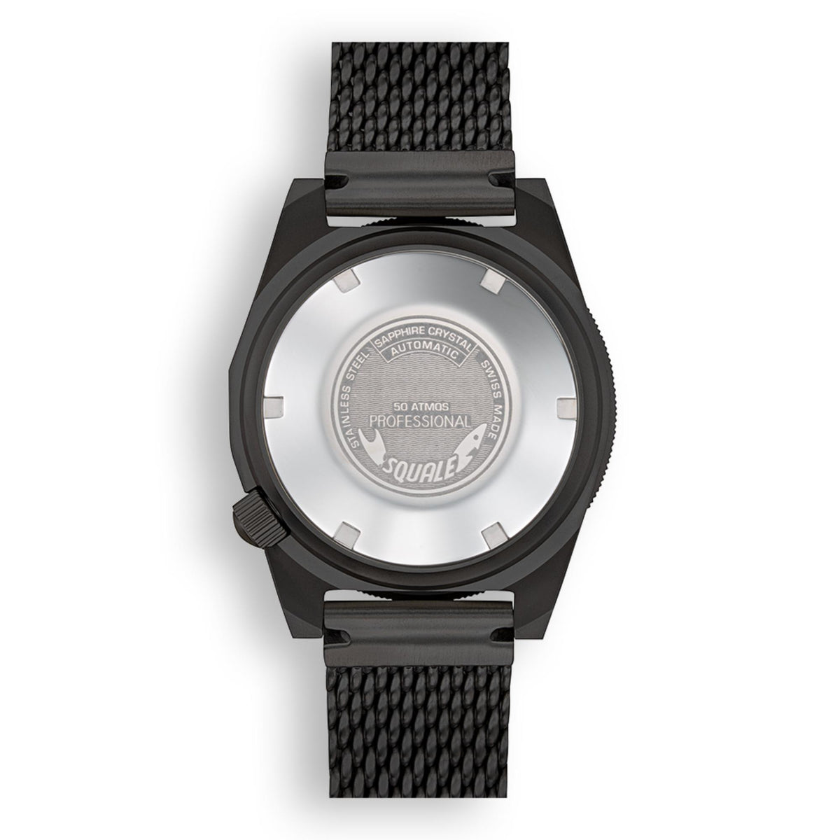 Men's black PVD steel watch with black textured strap, silver caseback view