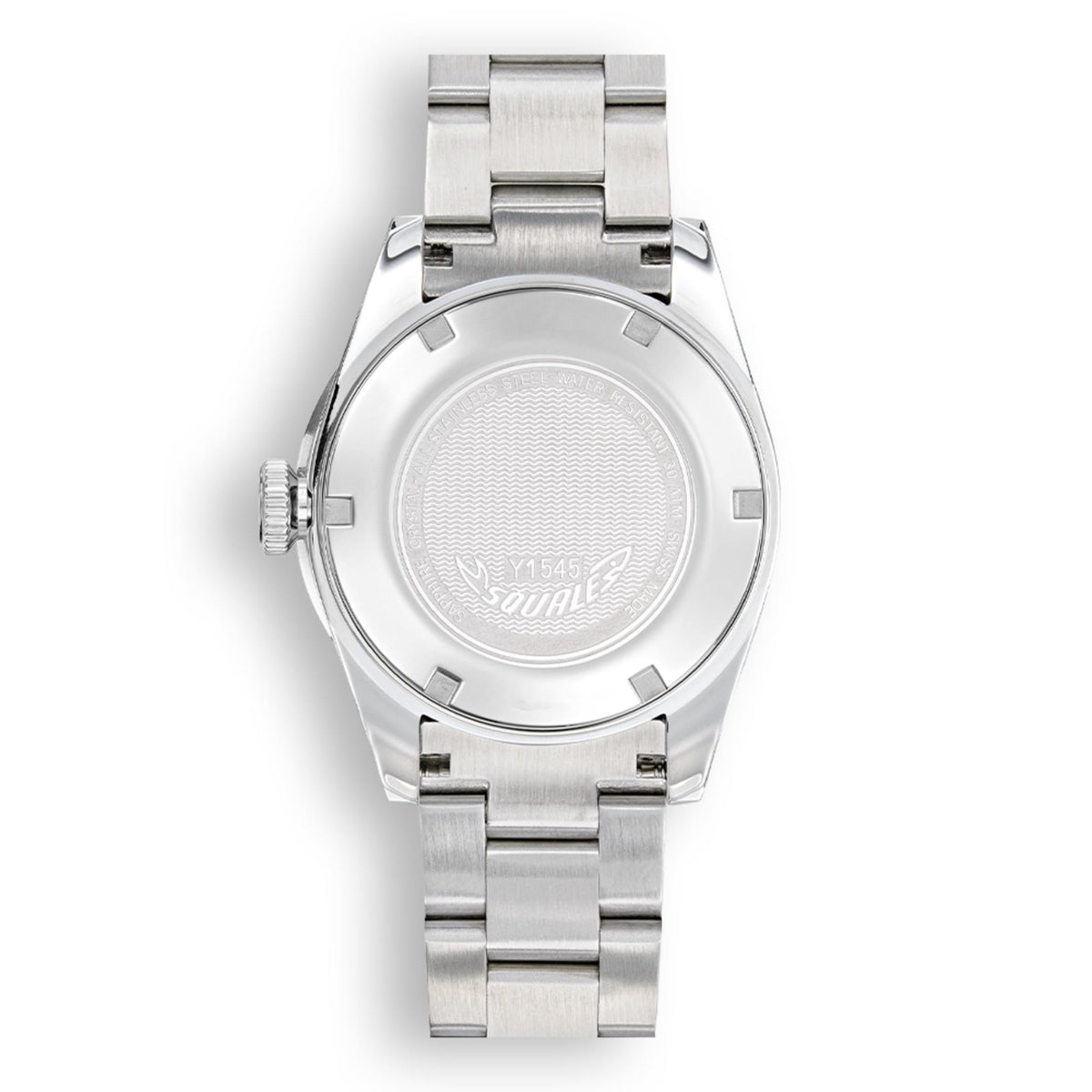 Stainless steel watch caseback with engraved backplate and linked bracelet band