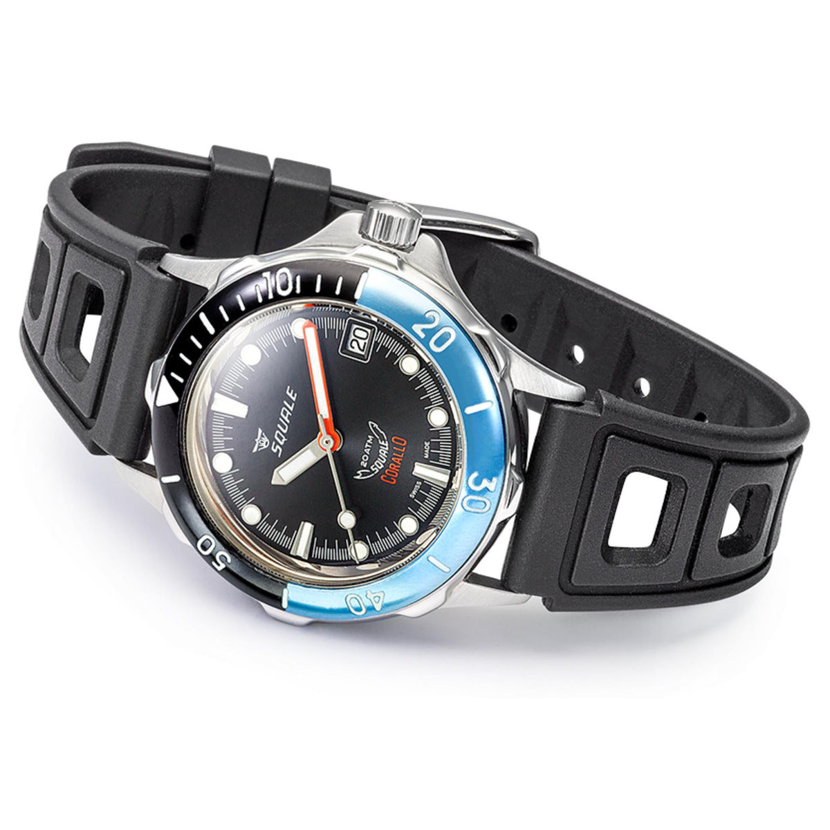 Men's automatic watch with black rubber strap and black dial, orange seconds hand