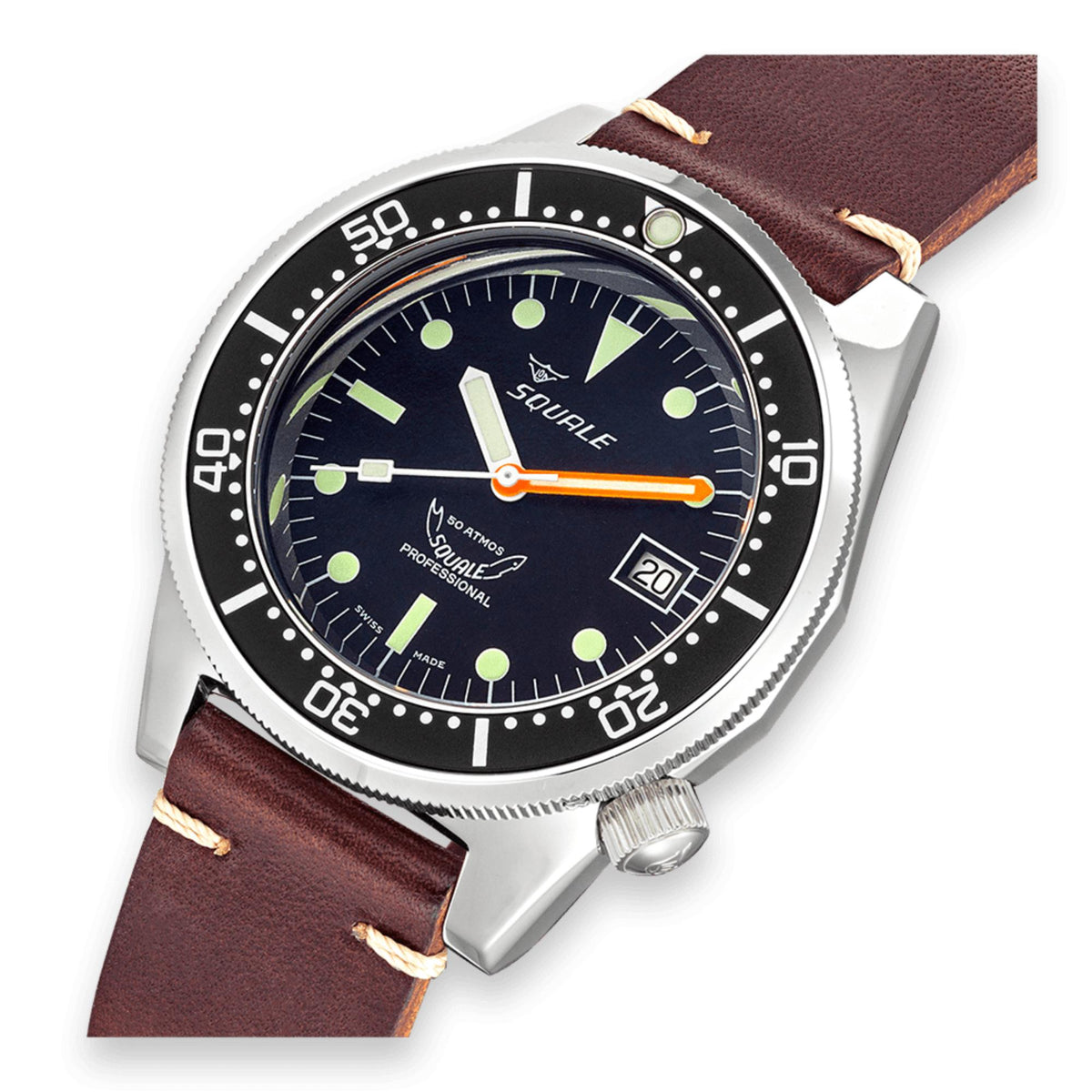 Men's dive watch dial close-up with dark blue face, green lume, orange seconds