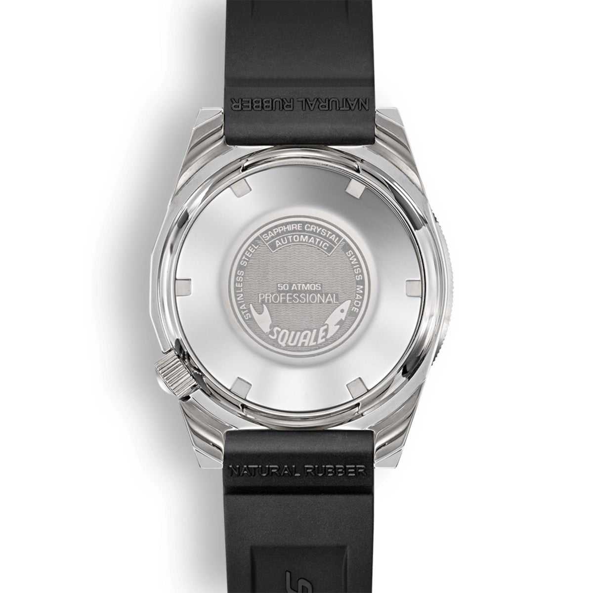Men's automatic watch caseback with black strap and silver case