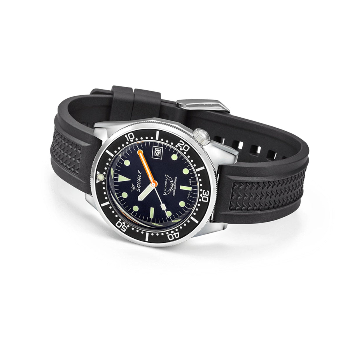 Men's diver watch with black dial, green lume dots, black textured rubber strap