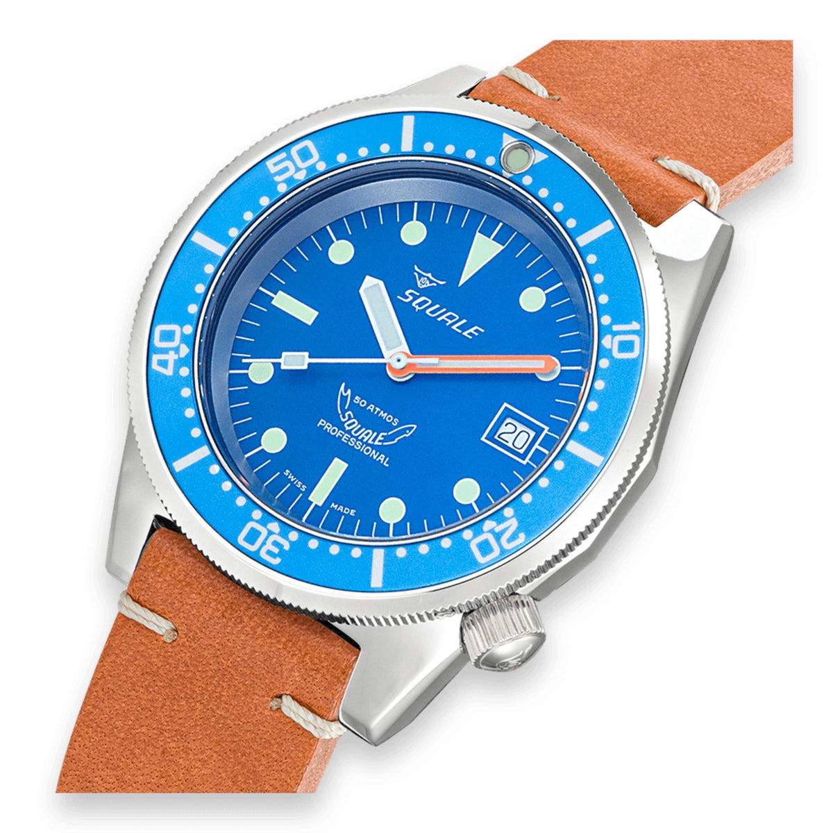 Men's watch blue dial close-up with tan leather strap and silver crown