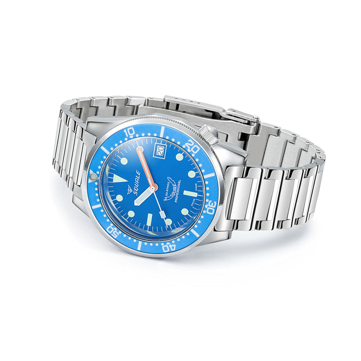Men's steel link bracelet watch with blue sunray dial and orange seconds hand