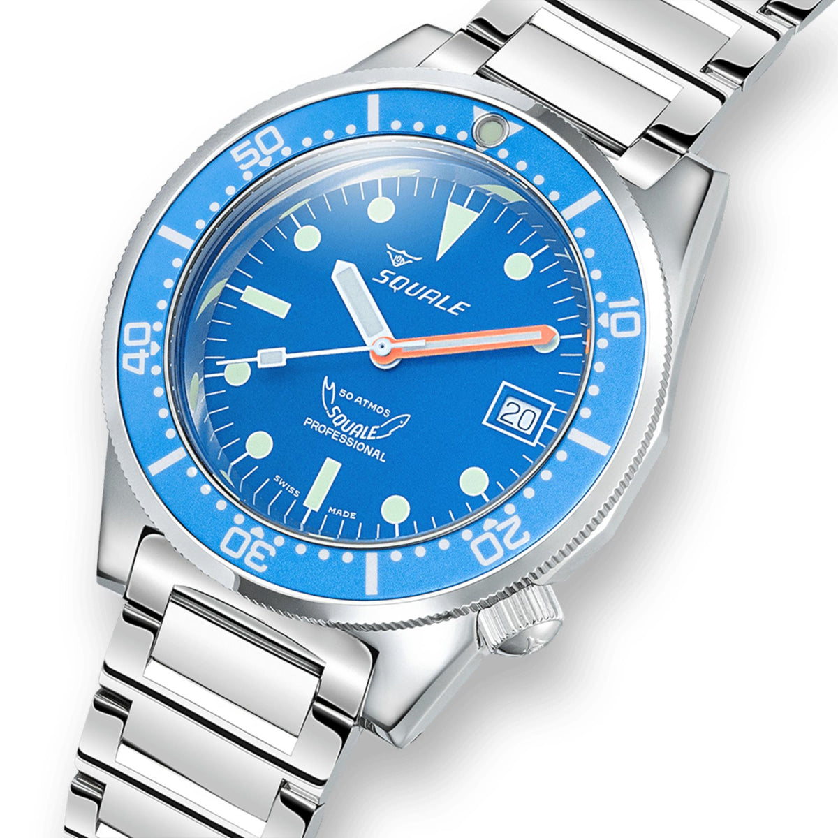 Men's diver watch close-up with blue dial, orange seconds hand, steel bezel