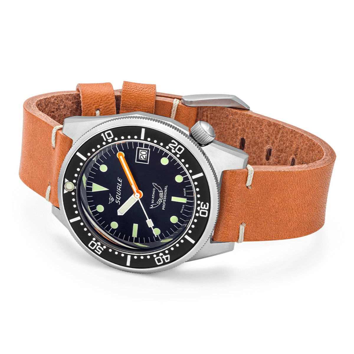 Men's dive watch on orange leather strap, silver case, black dial with luminous markers