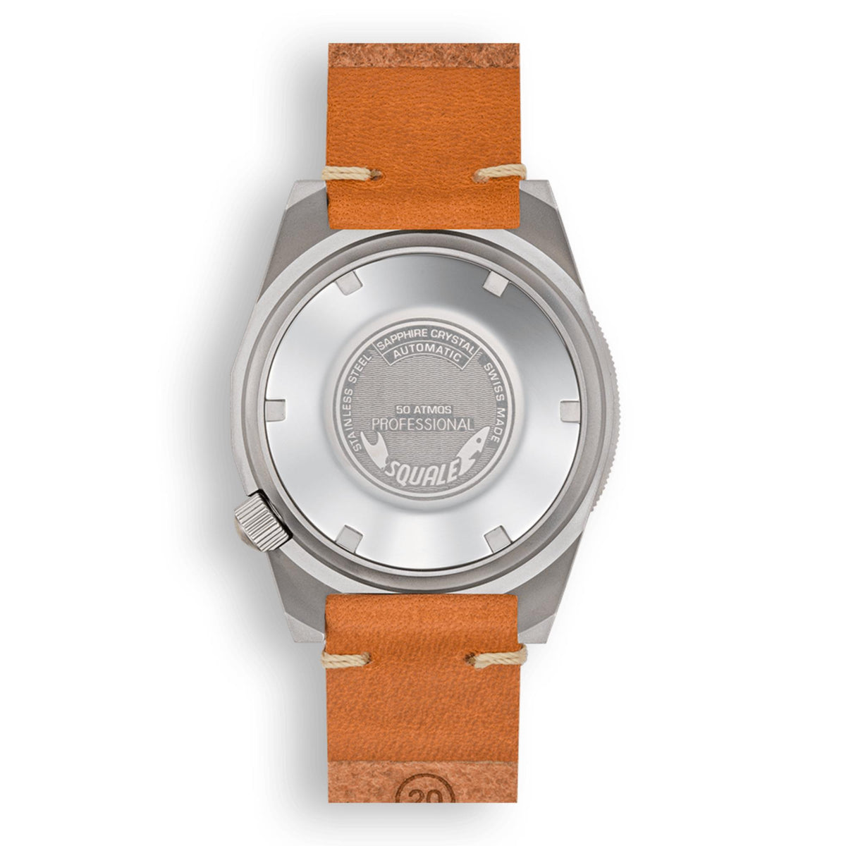 Men's diver watch case back with silver markings and brown leather strap