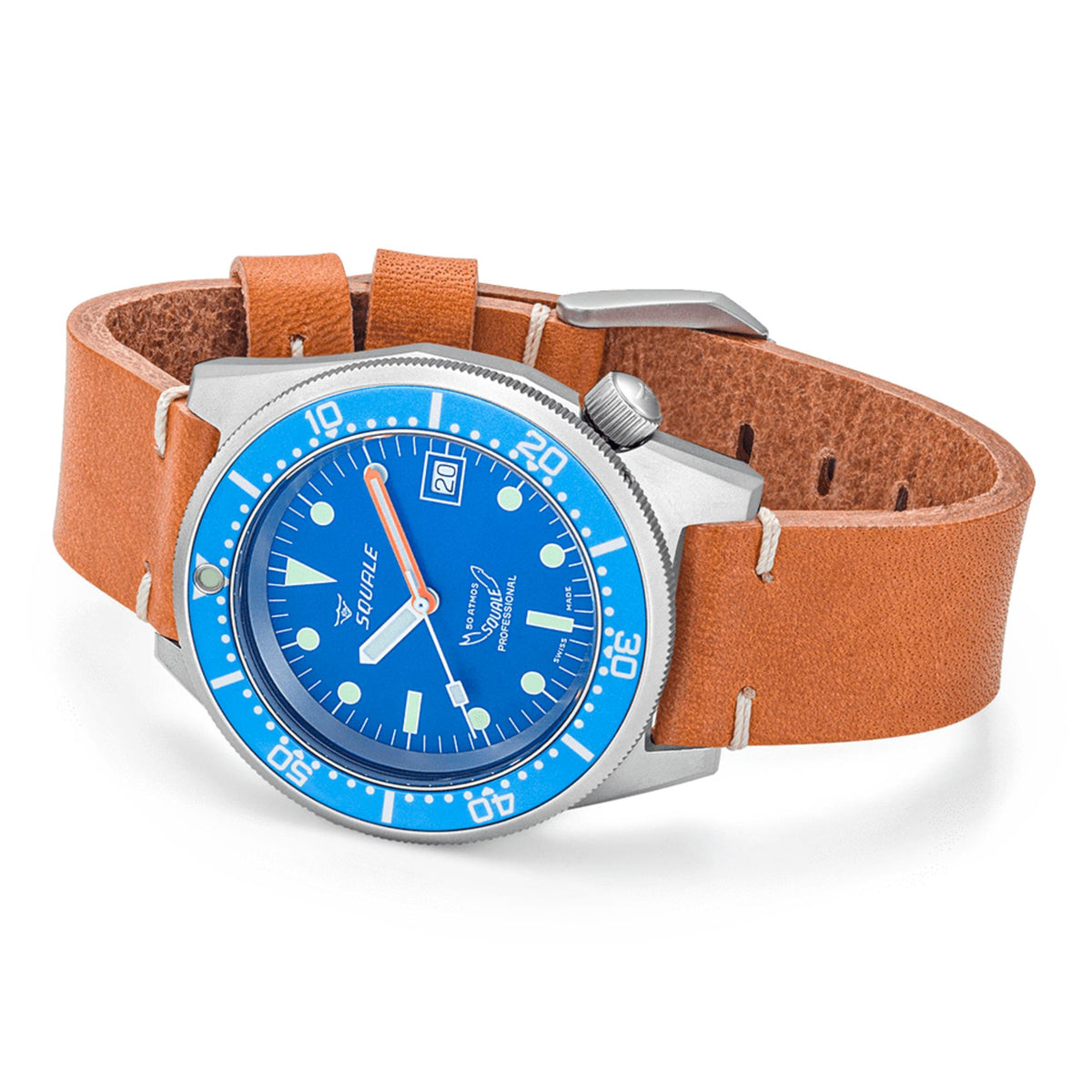 Men's diver watch with blue dial and bezel, brown leather strap, side crown