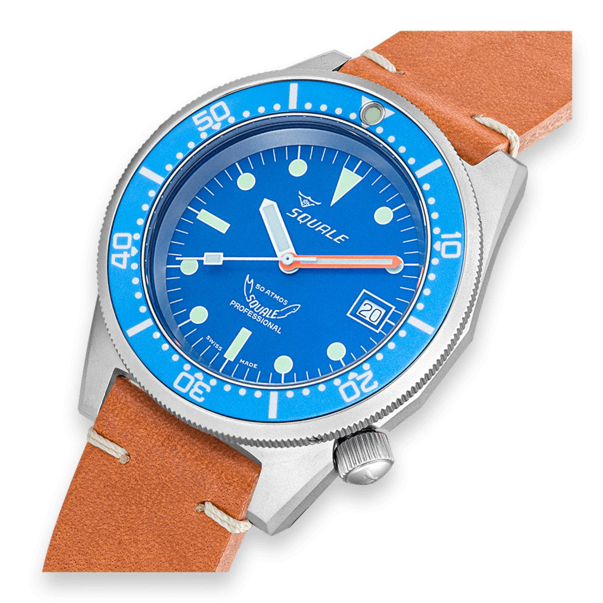 Men's diver watch close-up: blue dial, blue bezel, brown leather strap, date window