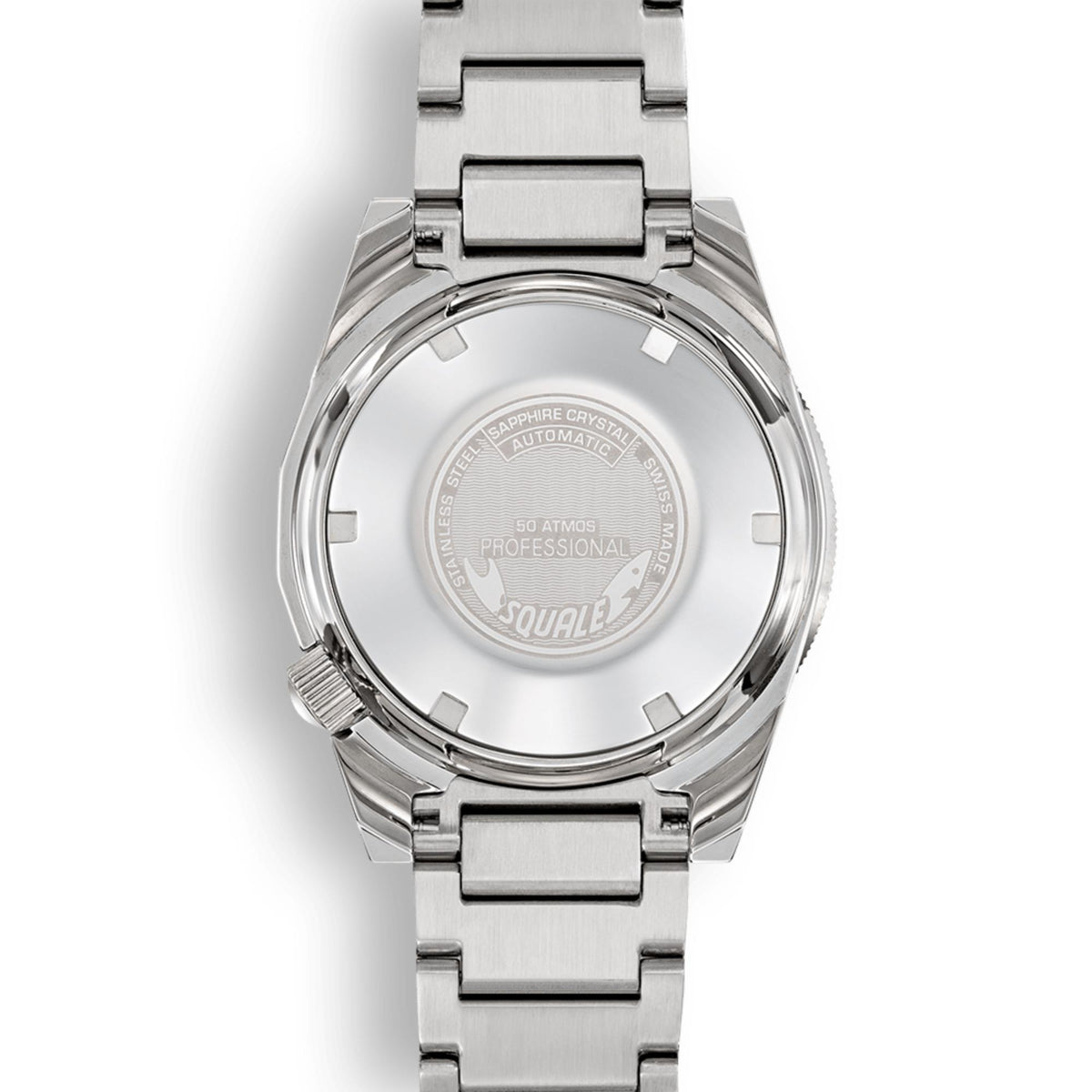 Men's automatic steel watch with engraved case back and linked metal bracelet.