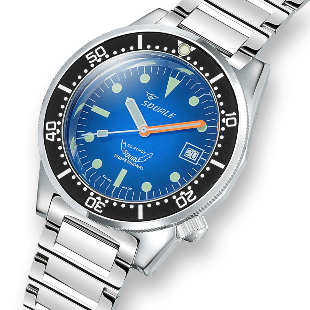 Men's steel watch angled close-up: blue dial, orange second hand, black dive bezel.