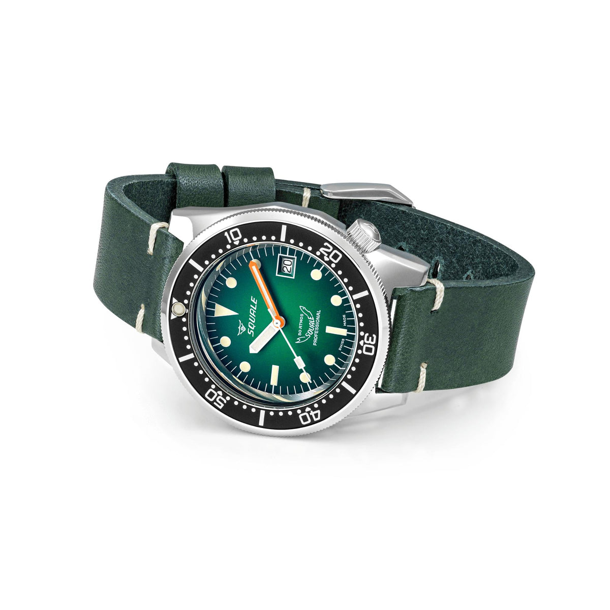 Men's dive-style watch with green leather strap, green dial, black bezel, orange seconds hand