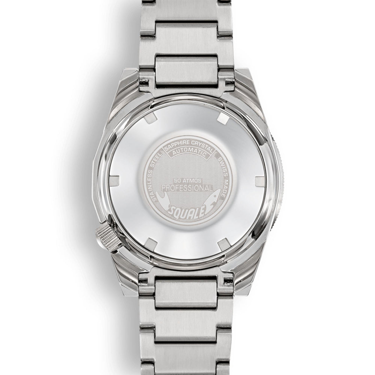 Stainless steel watch caseback with engraved markings and metal bracelet links