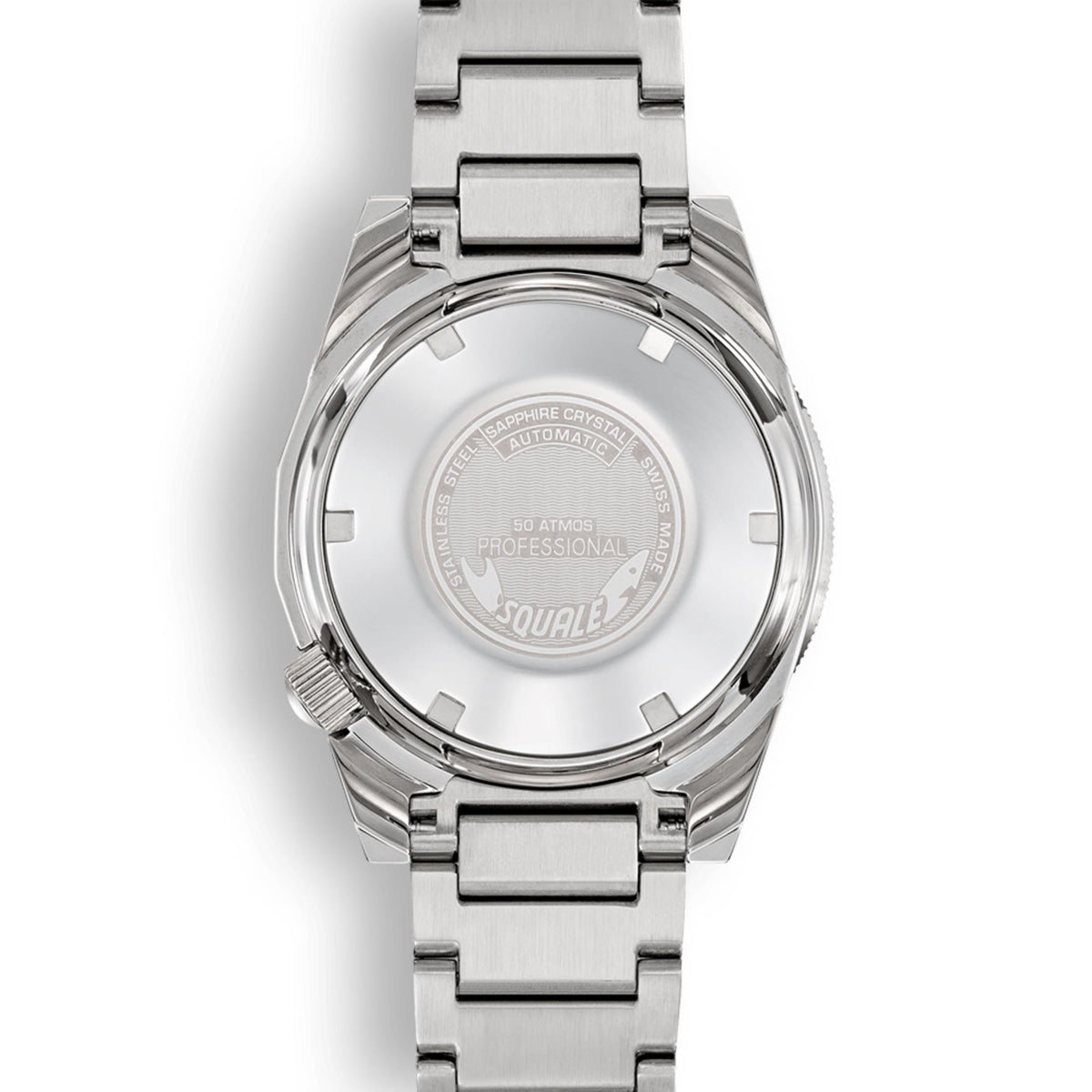 Automatic men's steel watch with silver caseback and metal bracelet