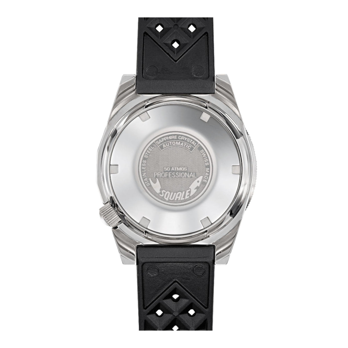 Men's automatic watch with silver case, black rubber strap, luminous white dial
