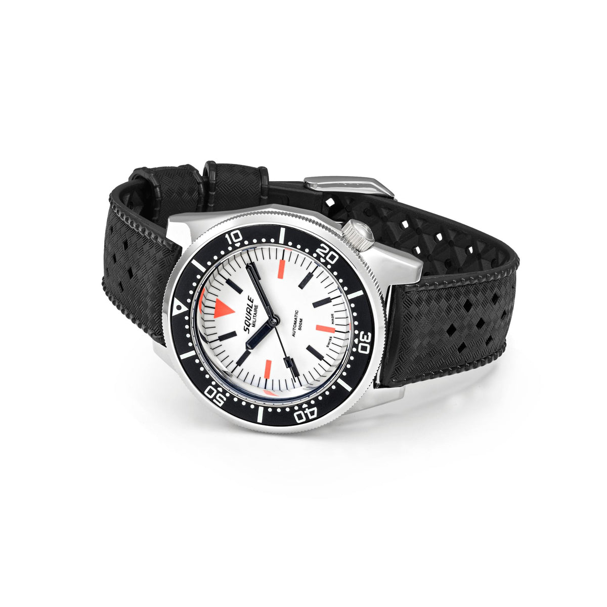 Men's automatic diver watch, white dial with orange markers, black rubber strap