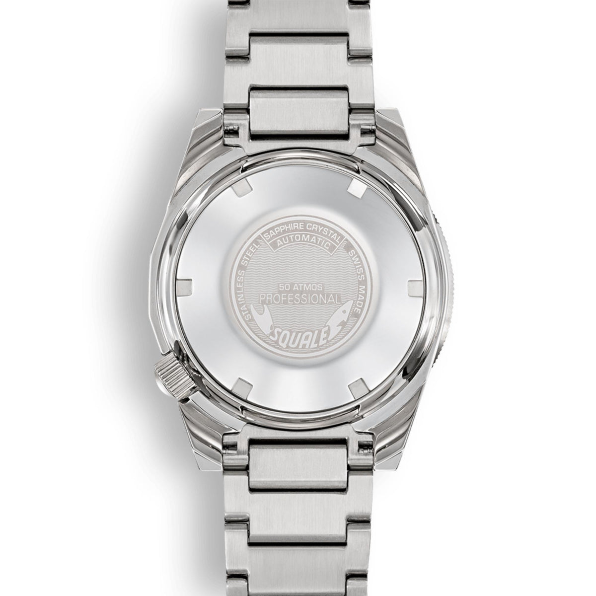 Men's Squale steel wristwatch with white dial and silver bracelet, caseback view
