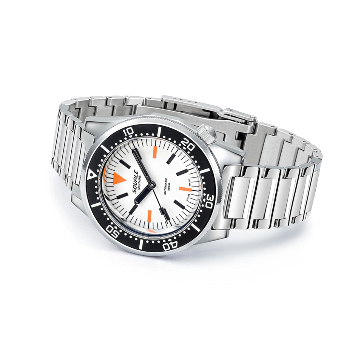 Men's Squale automatic watch with white dial, black bezel, orange markers, steel bracelet