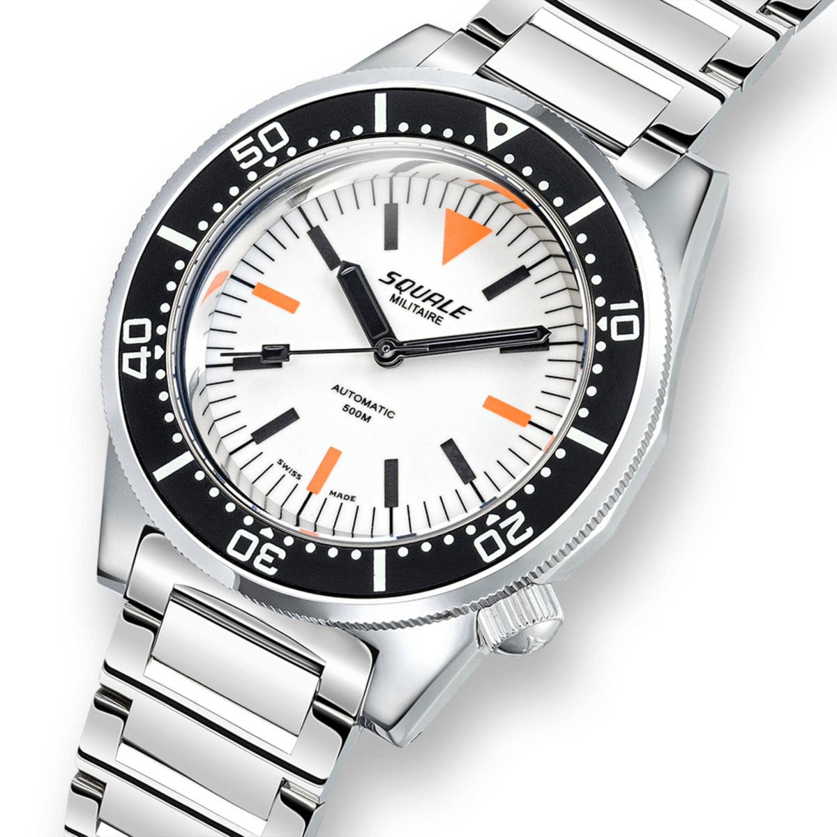Men's Squale diver watch close-up: white dial, black bezel, orange hands, steel bracelet