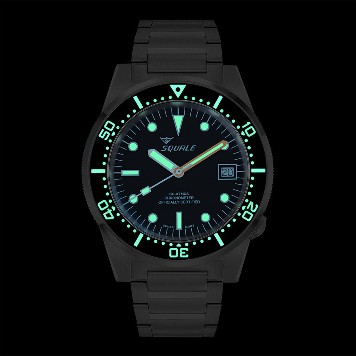 Men's black sport watch, dark dial with green luminous markers and date window at 20