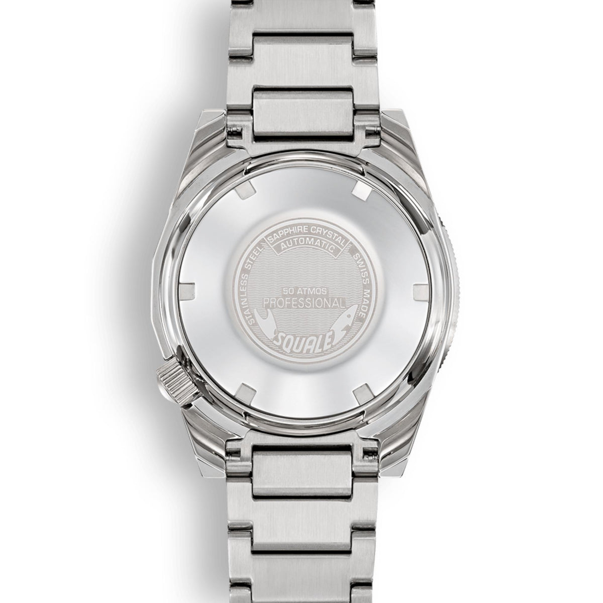 Men's steel watch caseback with engraved certification text and bracelet links