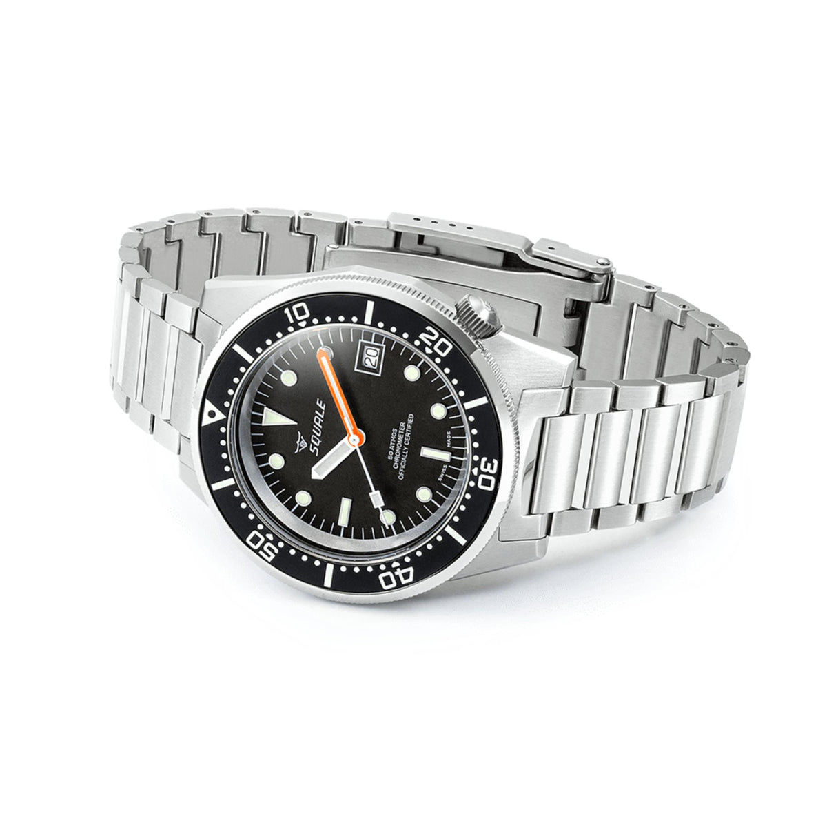 Men's steel diver watch, black dial with orange accents and date window at 20 on bracelet