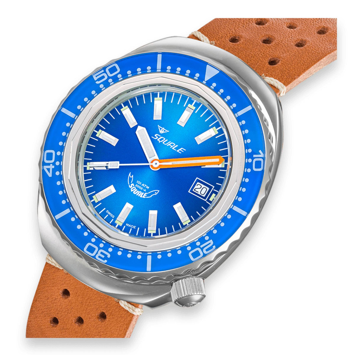 Men's blue dial leather strap watch with orange seconds hand and date window