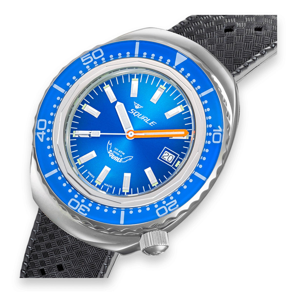 Men's automatic watch with blue dial, orange second hand, and black textured rubber strap