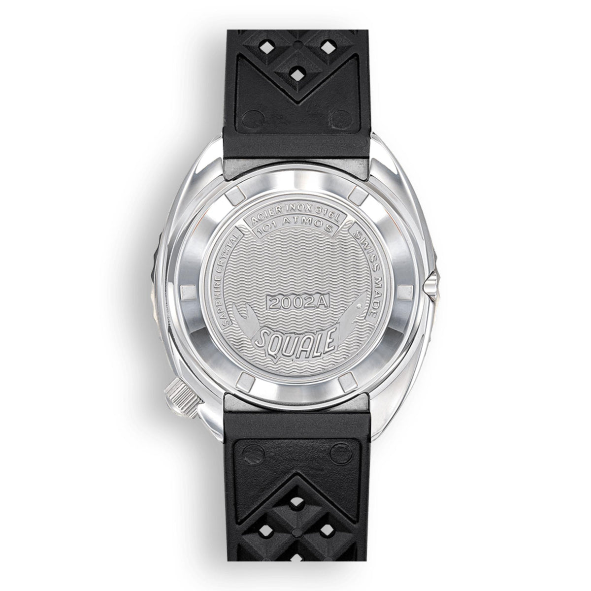 Men's black rubber-strap dive watch, stainless caseback with 2002A marking
