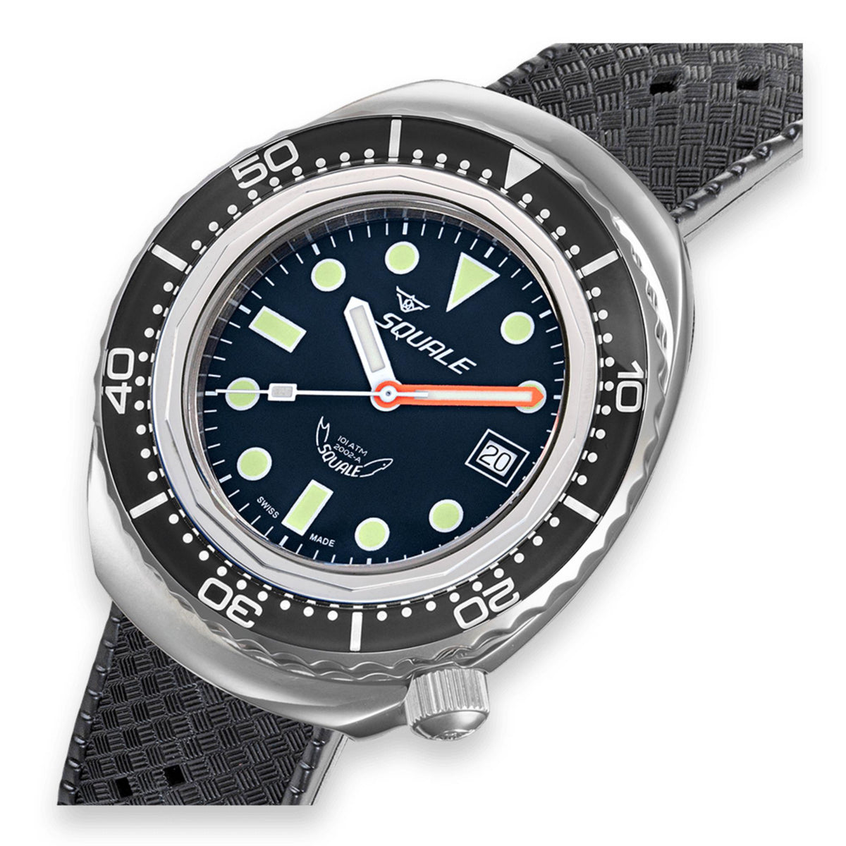 Men's dive watch with black bezel, blue dial, green markers, orange seconds hand