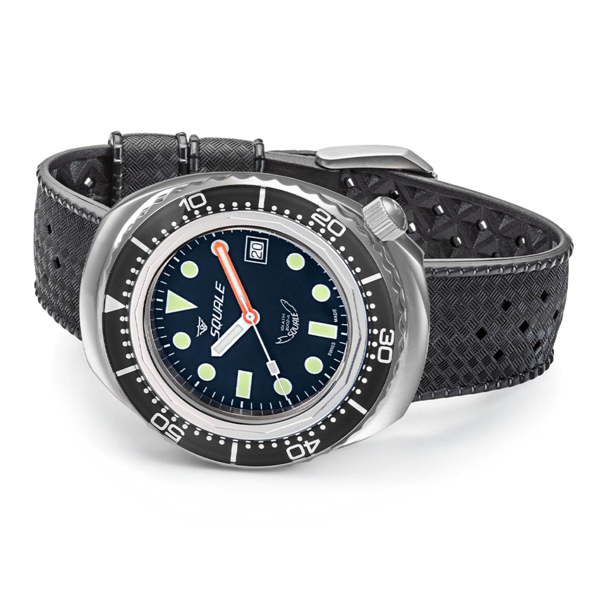 Men's black rubber-strap dive watch, stainless case with blue dial and orange seconds hand