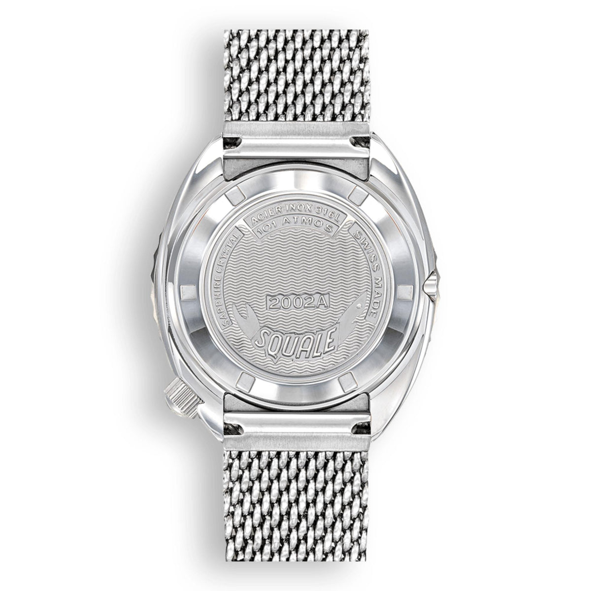 Men's automatic wristwatch with blue dial and steel mesh strap, case back visible