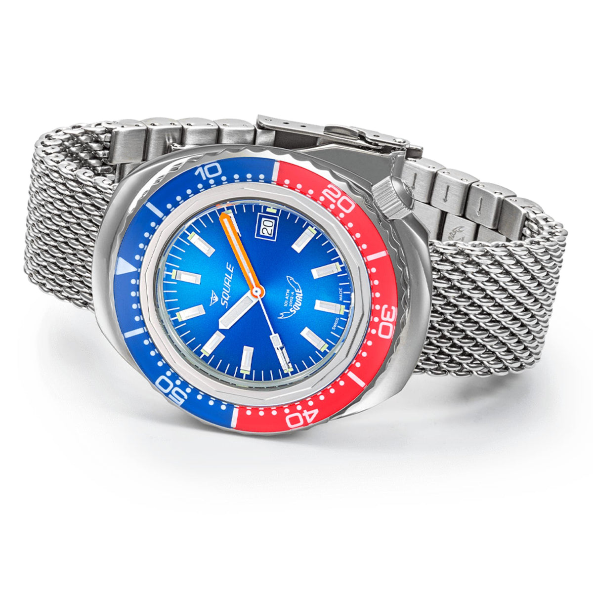 Men's automatic watch with blue dial, red-and-blue bezel, steel mesh bracelet