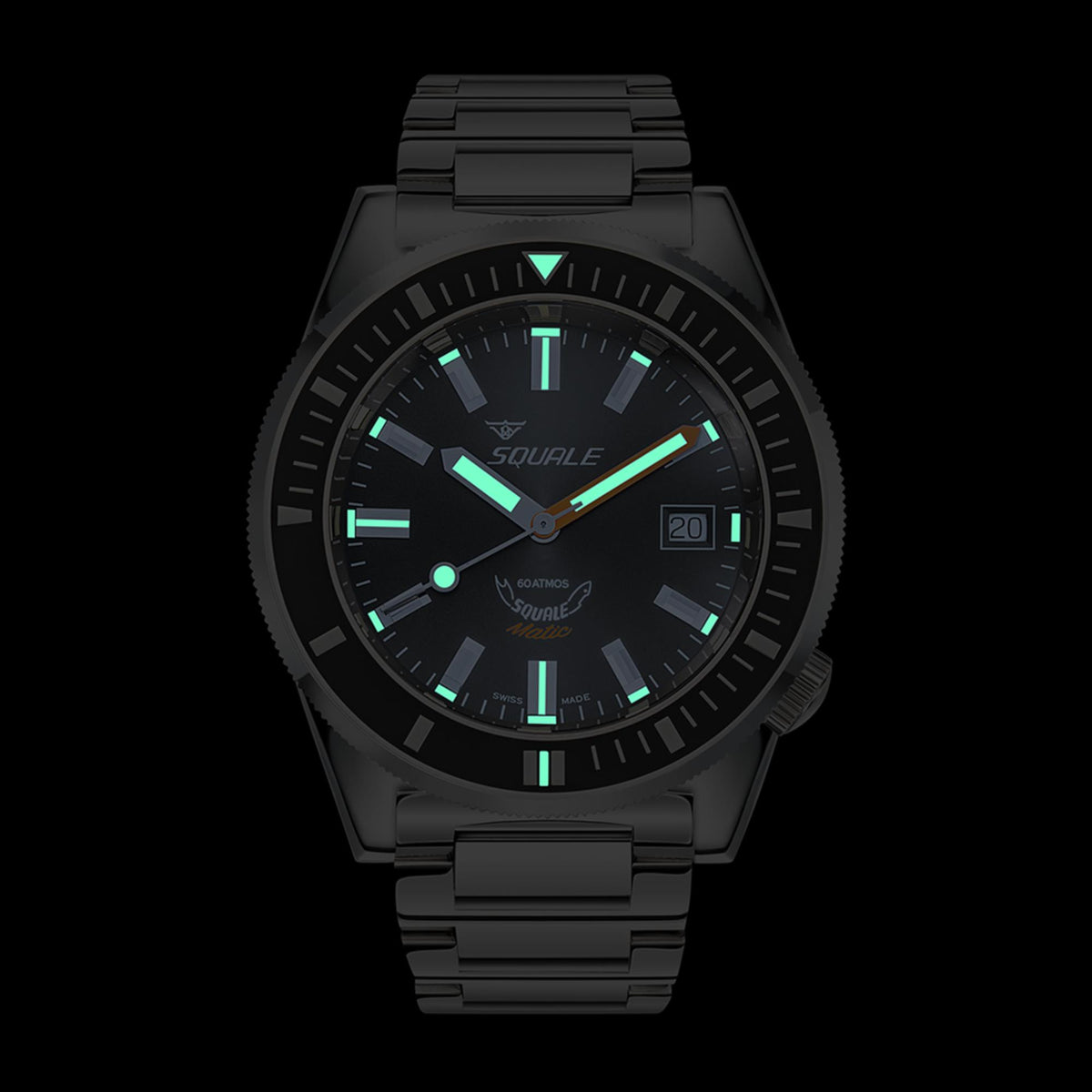 Squale Matic men's steel strap watch with dark dial, green accents, round case and bezel.