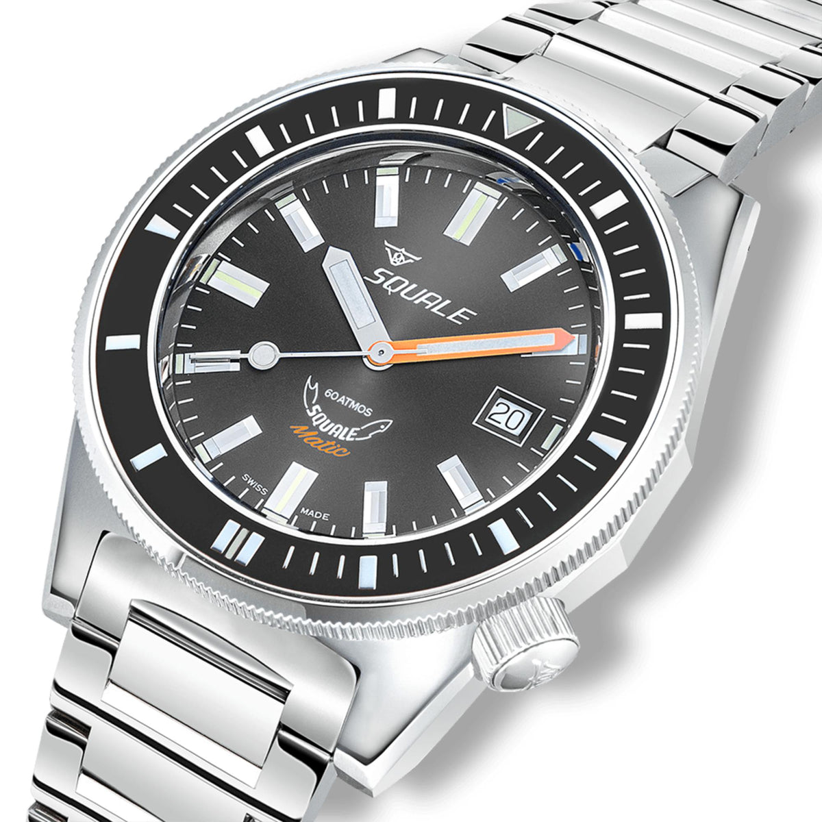 Squale Matic men's steel strap watch with black dial, orange details, crown and bezel.